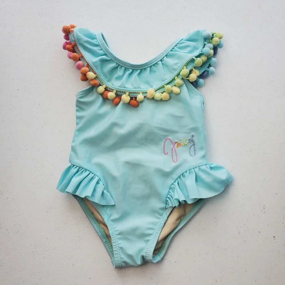 Juicy Couture girls' blue one-piece swimsuit, size 12 months, blue with‎ rainbow